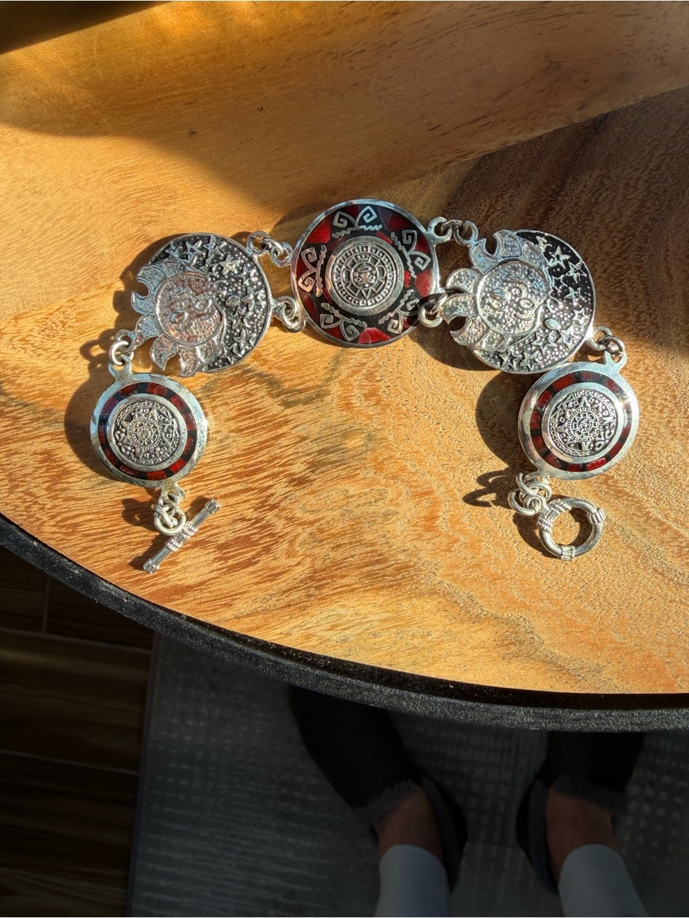 925 Silver Red Enamel Aztec Medallion Bracelet - Picture 2 of 7